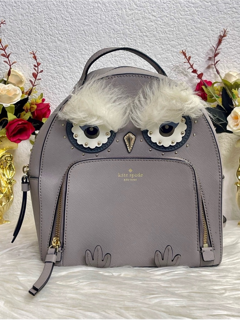 kate spade Gray Owl Faux-Fur Accent Backpack